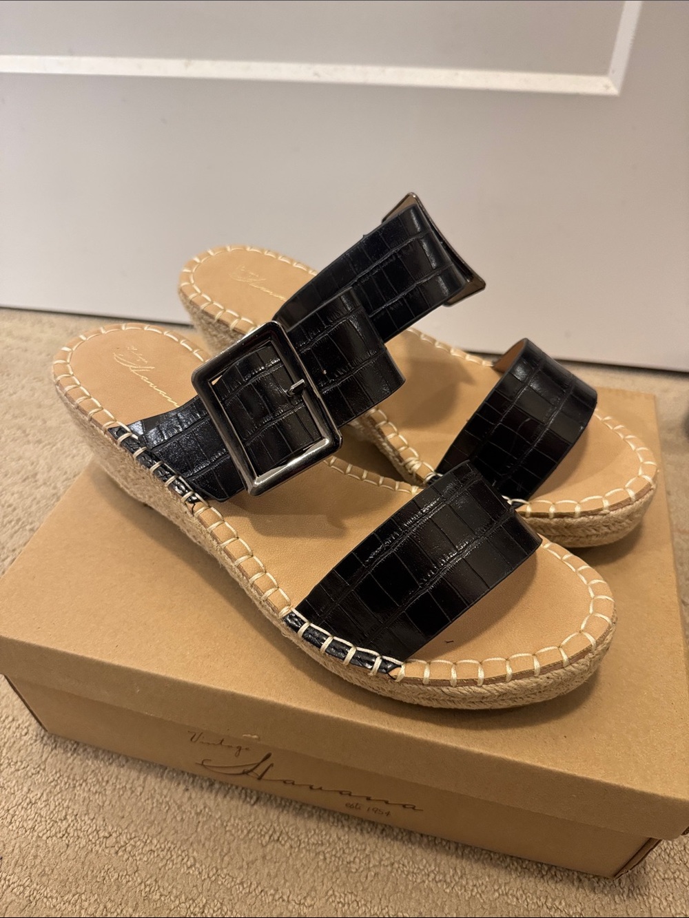 🆕Vintage Havana Black Croc Espadrille Slide Sandals. 10. New in box!🔥